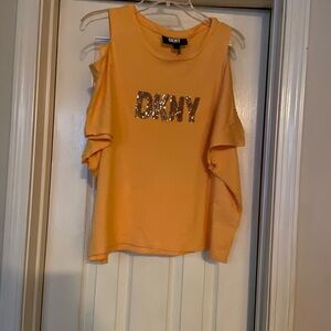 DKNY Mustard Cold Shoulder Top with Sequin Logo
